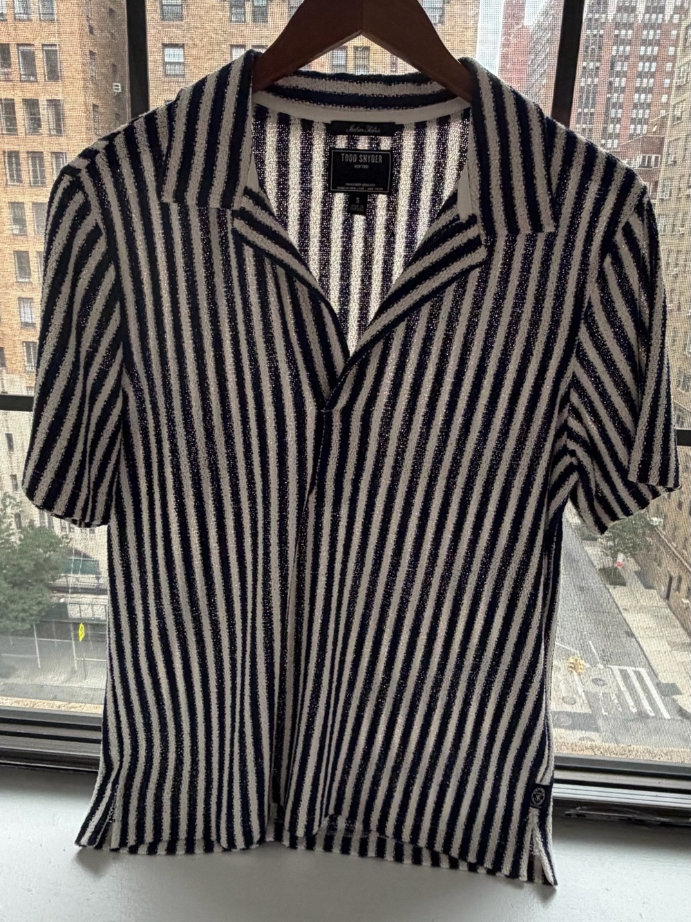 Todd Snyder Navy & White Vertical Stripe Knit Polo *S but fits like a Medium*